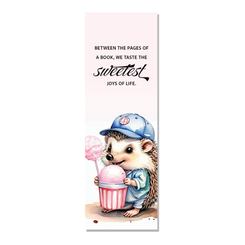 A book marker featuring an illustration of a character, Hailey, holding a cup of cotton candy with the text 'Between the pages of a book, we taste the sweetest joys of life.'.
