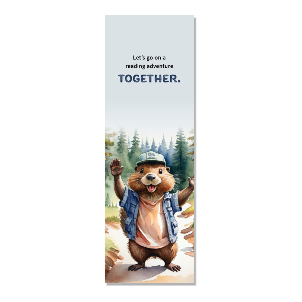 A book marker featuring an illustration of a beaver in a blue jacket and hat waving goodbye, with a forest background.