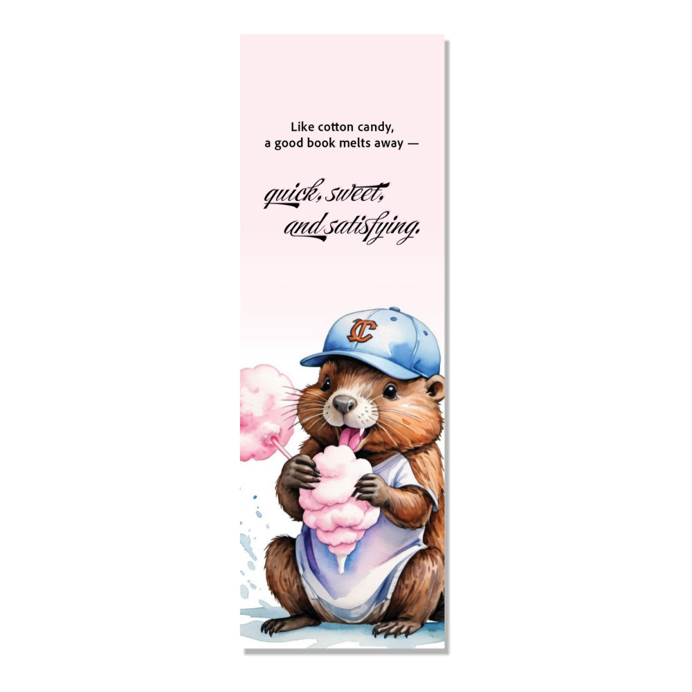 A book marker featuring an illustration of a beaver with a blue hat and shirt, holding a lollipop, with the text 'Like a cotton candy - good book mets' and 'Quick sweet and satisfying'.