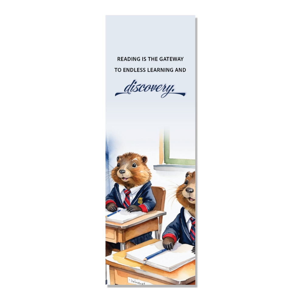 A book marker featuring illustrations of two beavers, Oscar and Theodore, sitting at a desk with books and a snowmobile in the background, with the text 'Reading is the gateway to endless learning and discovery.'.